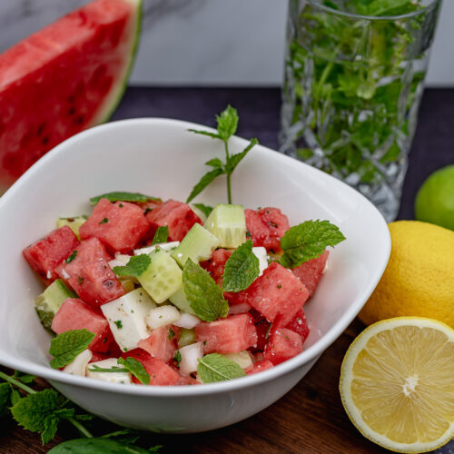 Summer salad with watermelon recipe - Light fitness salad with feta - Fitness salad - Healthy salad with watermelon, cucumber, feta and fresh mint - refreshing and simple