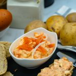 Salmon salad recipe - salmon spread and side dish for boiled jacket potatoes and potatoes or as bread spread. Mixture of eggs, salmon or salmon slices or pollock puree, onions and mayonnaise